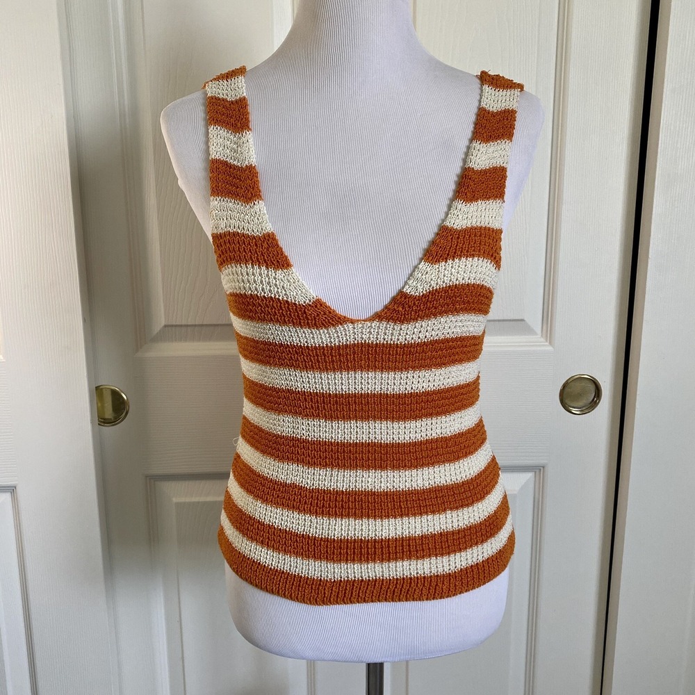 Forever 21 Rust‎ Cream Striped Crochet Sweater Knit Tank Top Deep V Boho Sz S